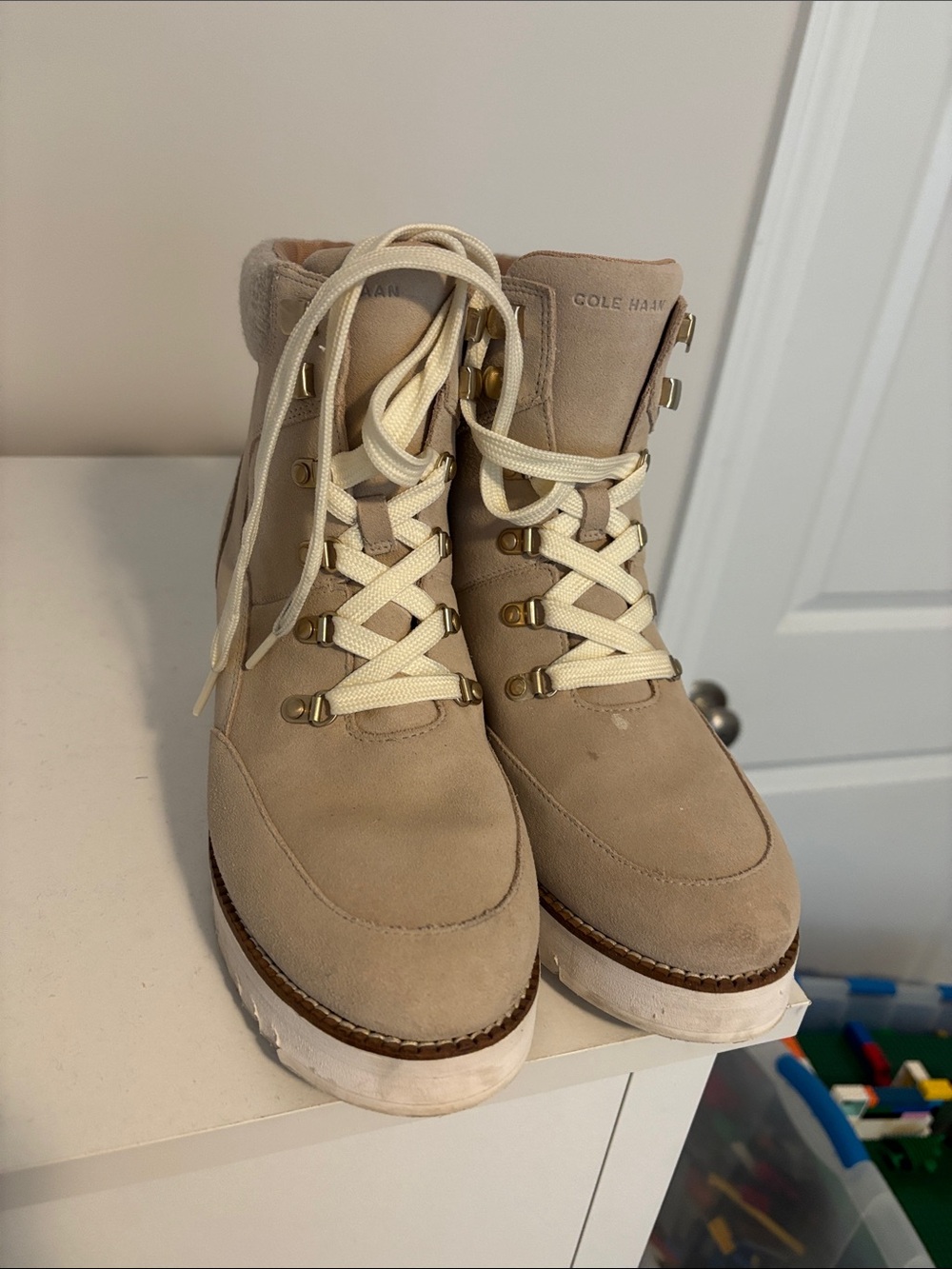 Cole Haan Beige Suede Lace-Up Platform Boots